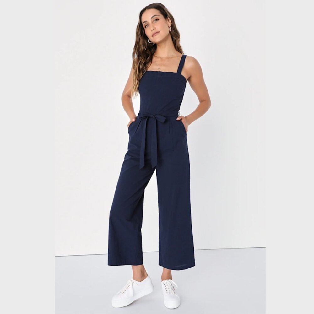 Lulus Navy Blue Cotton Cropped Jumpsuit XS Wide Leg Casual Chic New With Tags